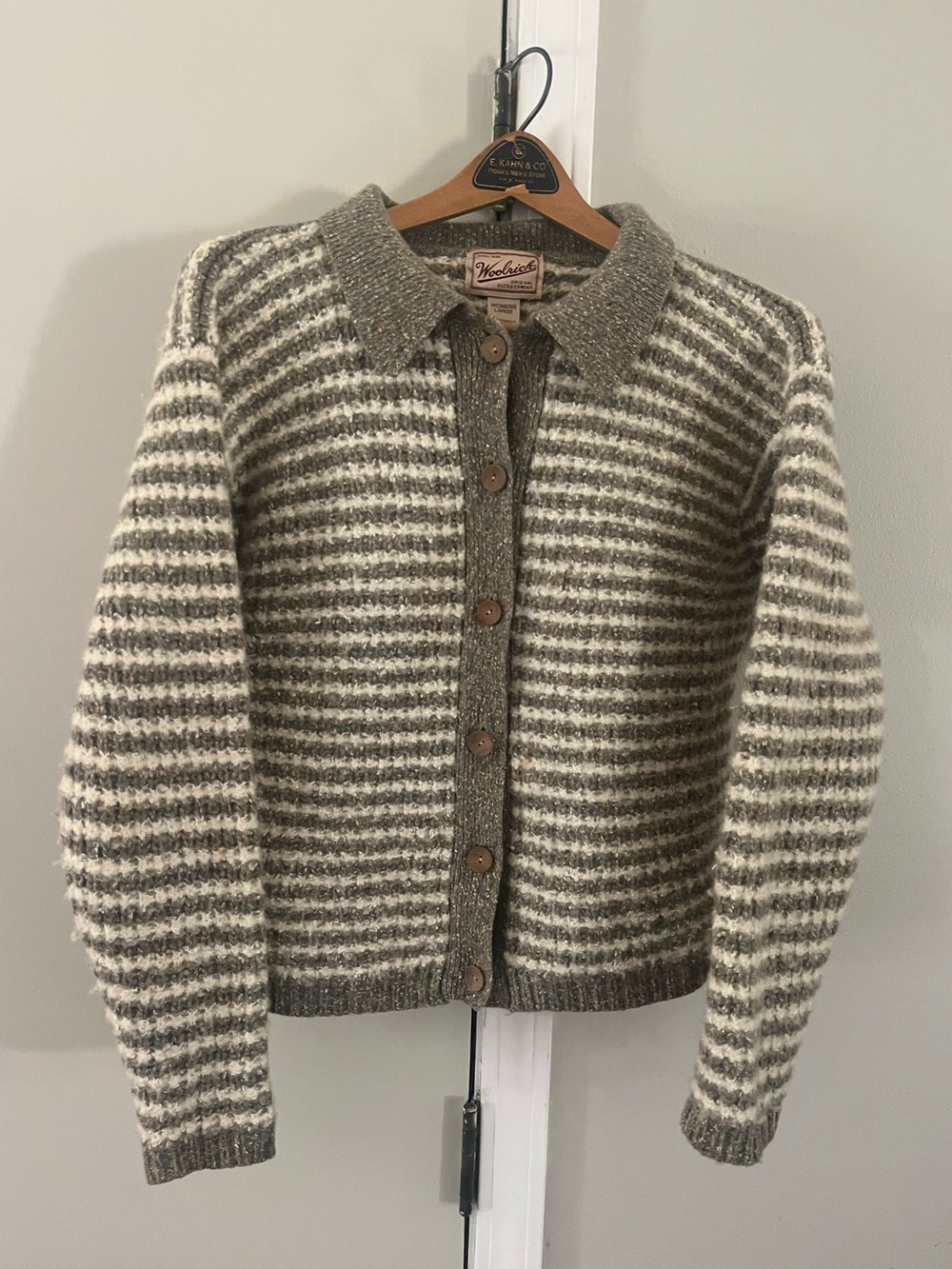 Woolrich Women’s Collared Button-Up Cardigan Sweater Size L, Earth Tone Striped